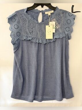 Greige Light Blue Lace-Yoke Cap Sleeve Camisole